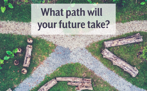 pathway at a crossroads with text "what path will your future take?"