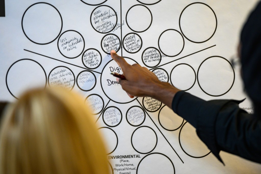 A participant points at a completed futures wheels chart, a tool that allows users to map implications of an issue or pattern. 